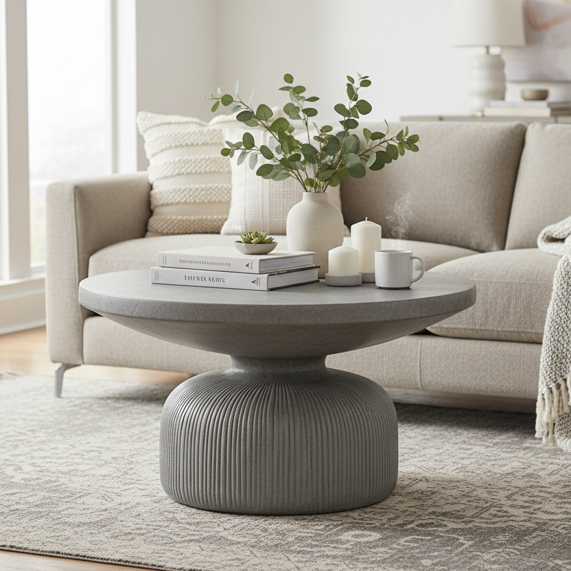 30" Gray Cement Round Pedestal Coffee Table