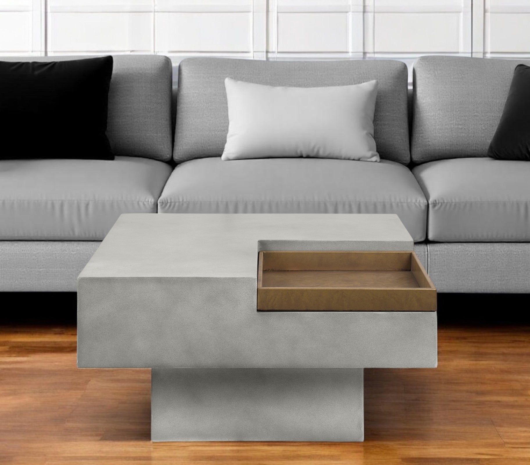 32" Gray Square Concrete Coffee Table with Storage Surface