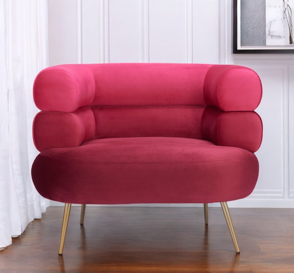 40" Red and Gold Velvet Deco Barrel Chair