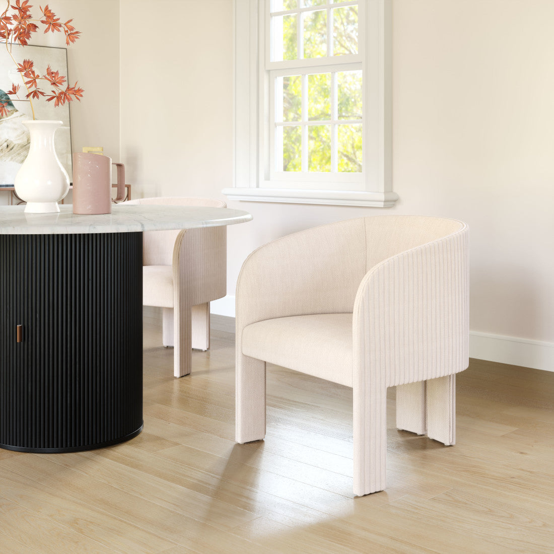 25" Beige Flute Tufted Tri-Pod Barrel Chair