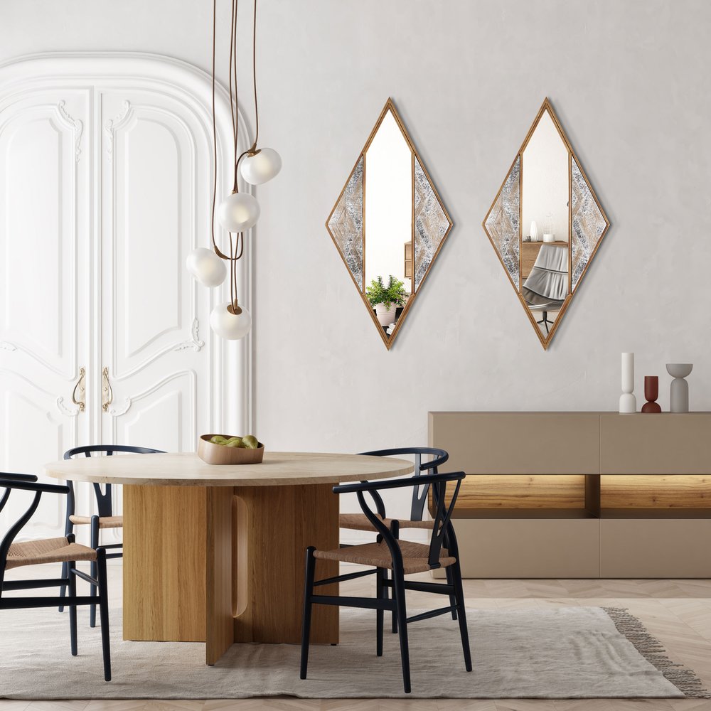 38" Brass and Silver Metal Diamond Deco Mirror