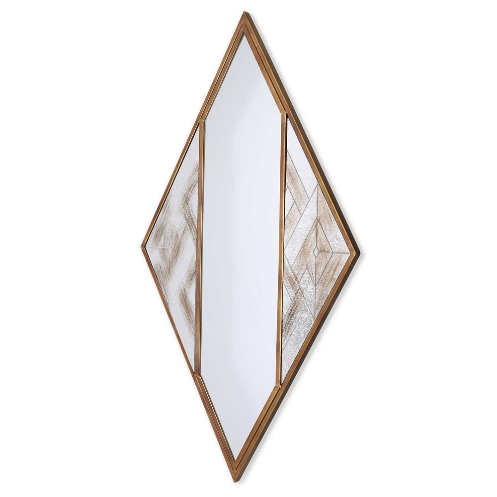 38" Brass and Silver Metal Diamond Deco Mirror