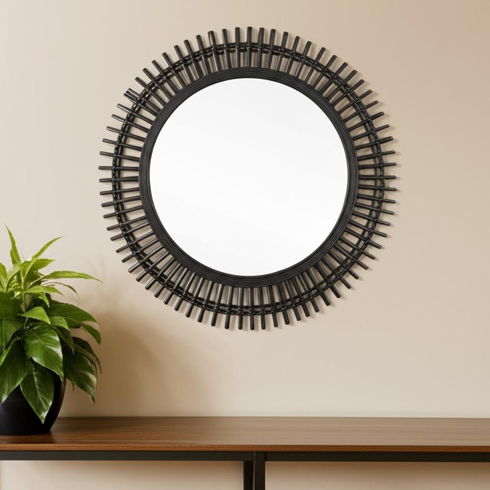 31" Black Bamboo Pierced Round Mirror