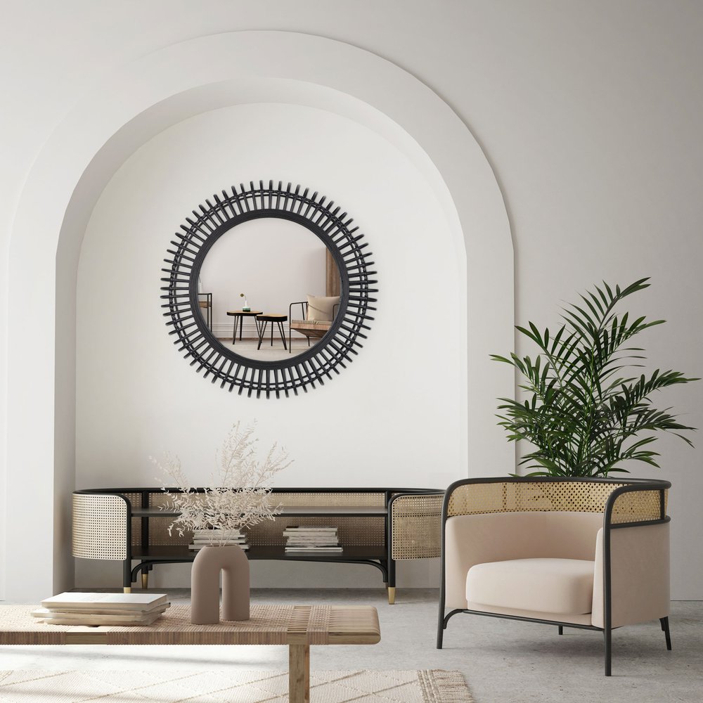 31" Black Bamboo Pierced Round Mirror