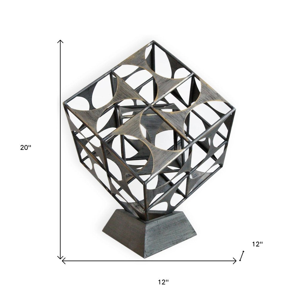 20" Gray Metal Geo Cube Sculpture