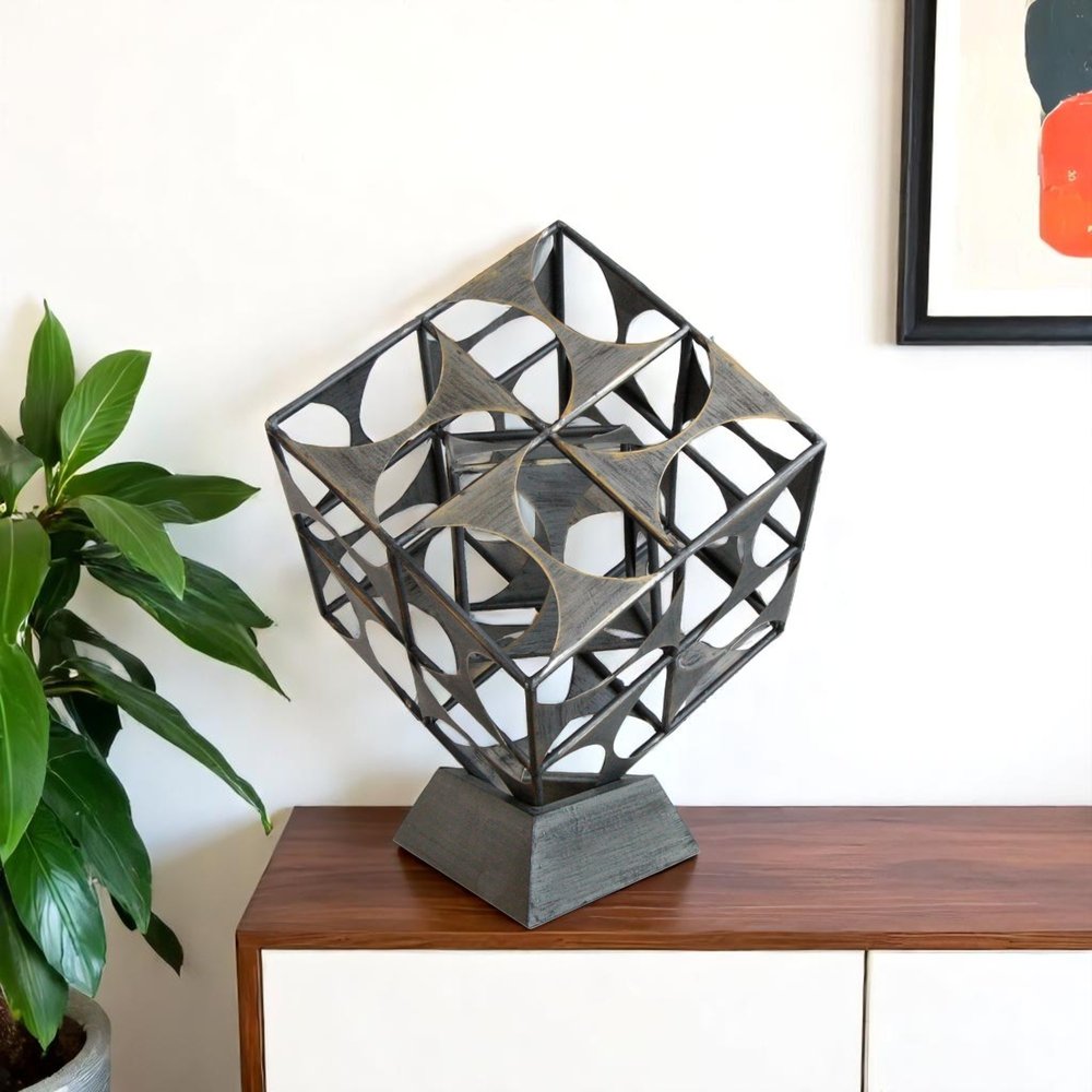 20" Gray Metal Geo Cube Sculpture
