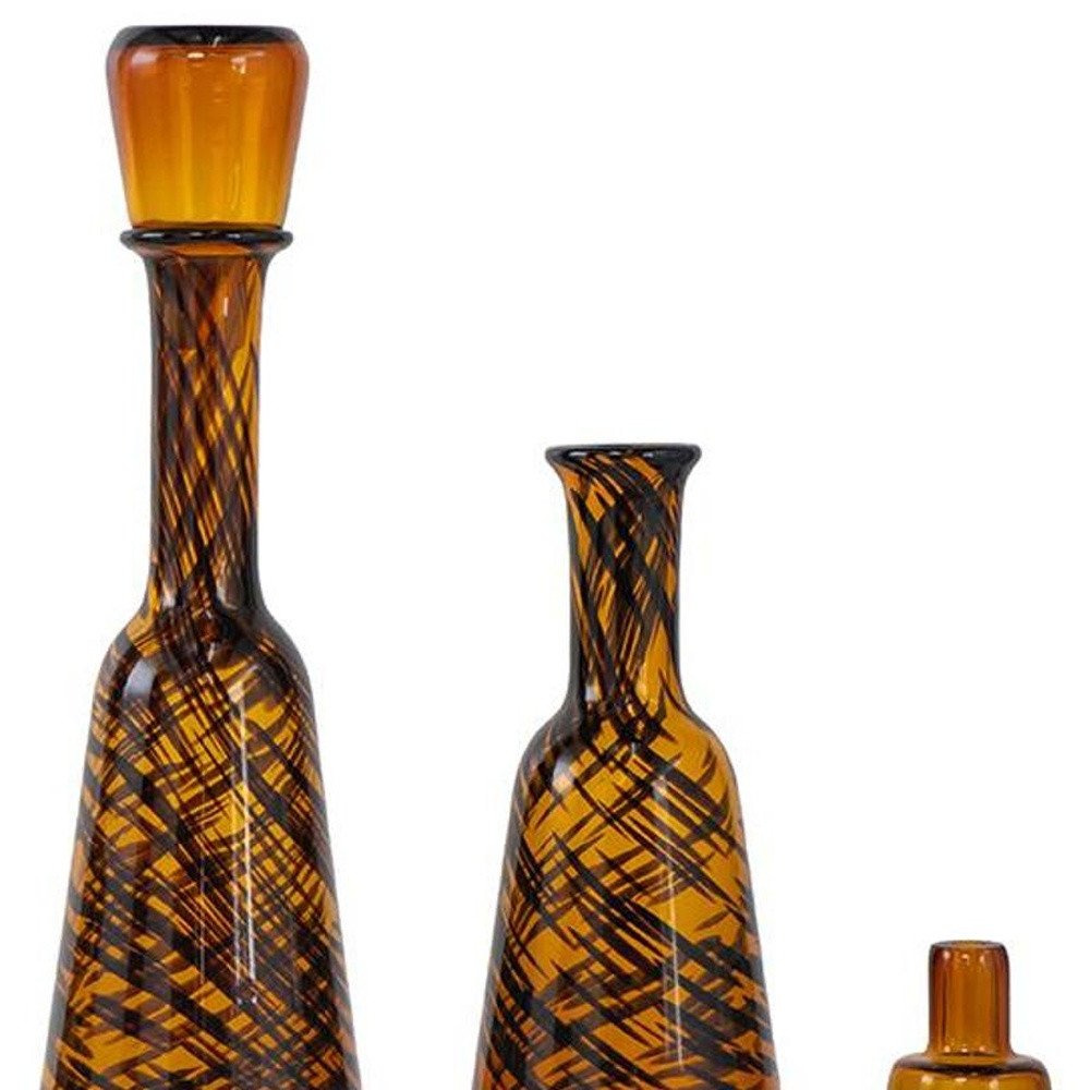 3 pc. Amber Swirl Glass Decorative Bottles with Stoppers