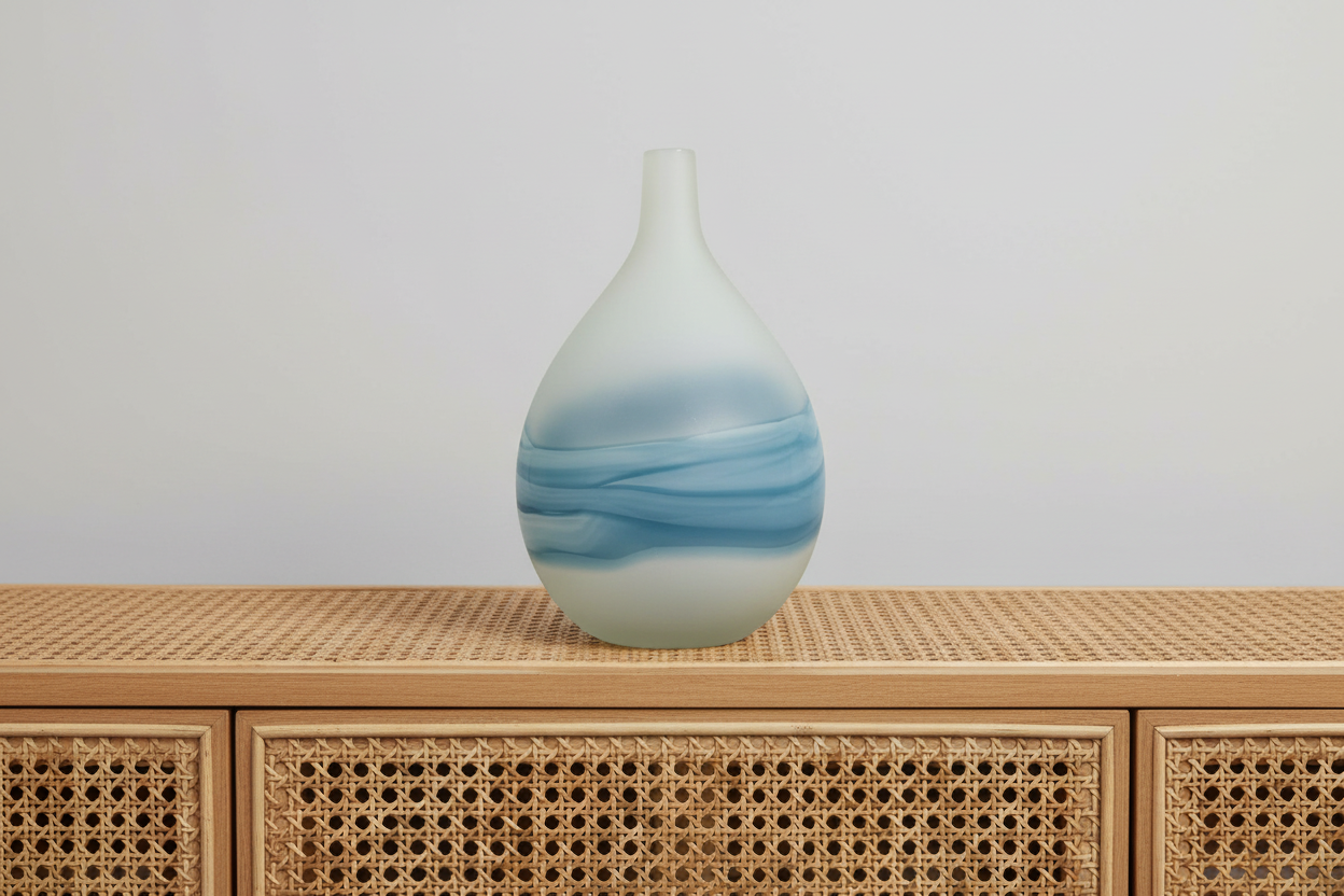 16" White and Blue Opaque Glass Bud Vase