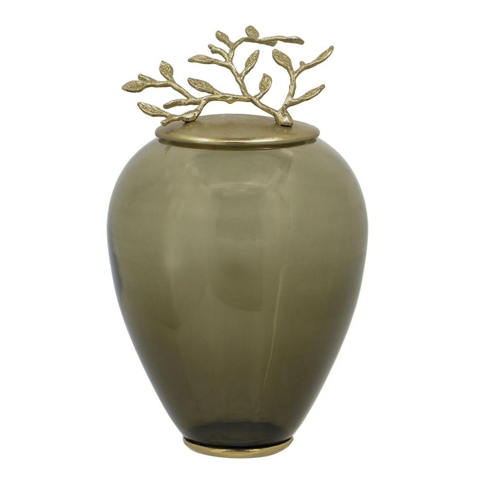 14" Dark Green and Gold Glass Branch Jar