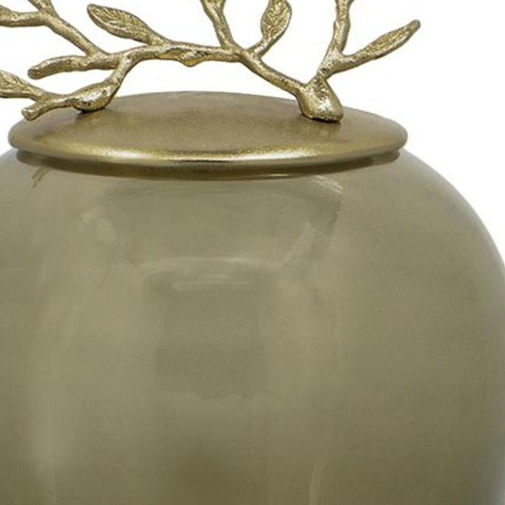 14" Dark Green and Gold Glass Branch Jar