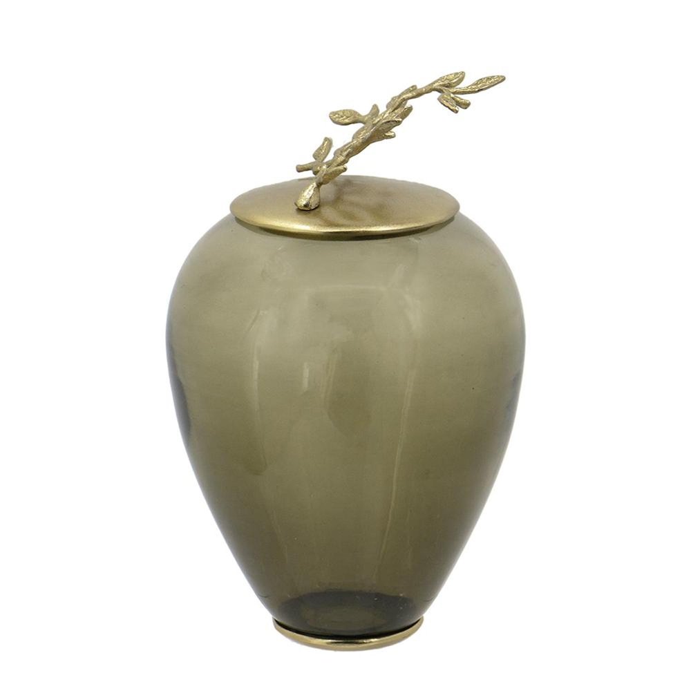14" Dark Green and Gold Glass Branch Jar