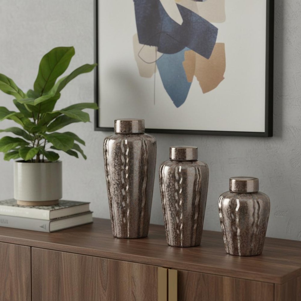 3 pc. Bronze and Silver Round Ceramic Table Vase