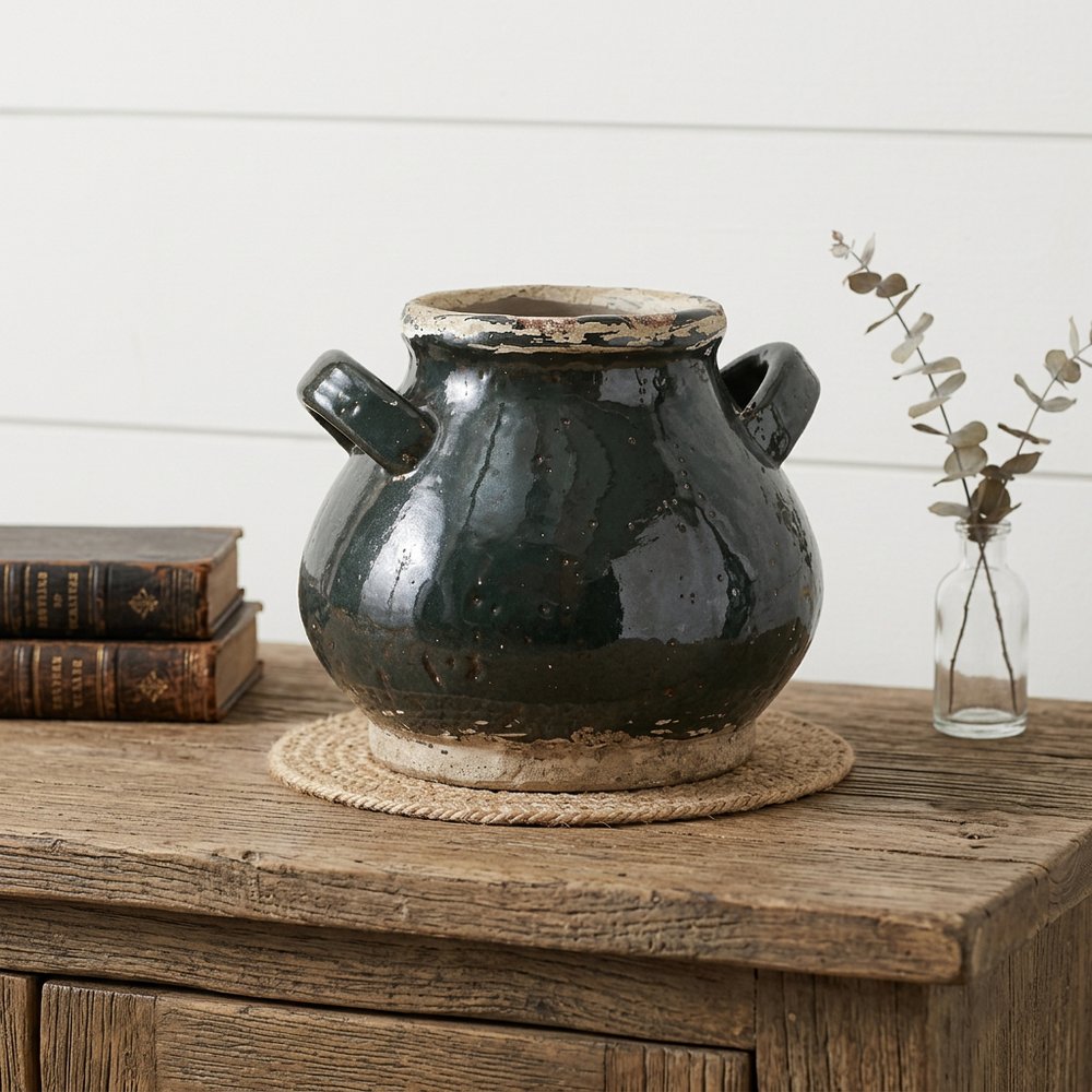 7" Dark Green and Sand Terracotta Round Jug Vase