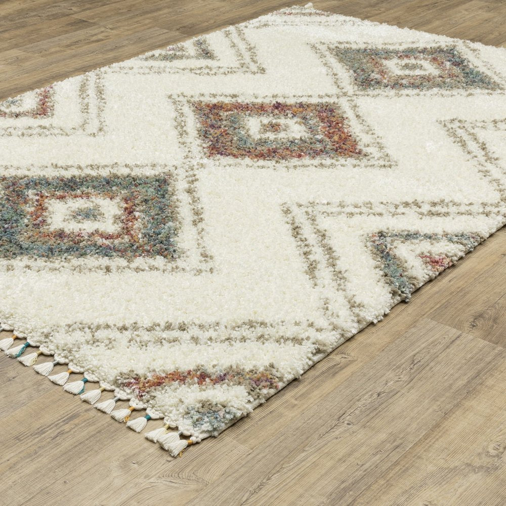 Ivory, Red, and Orange Southwestern Rug with Fringe