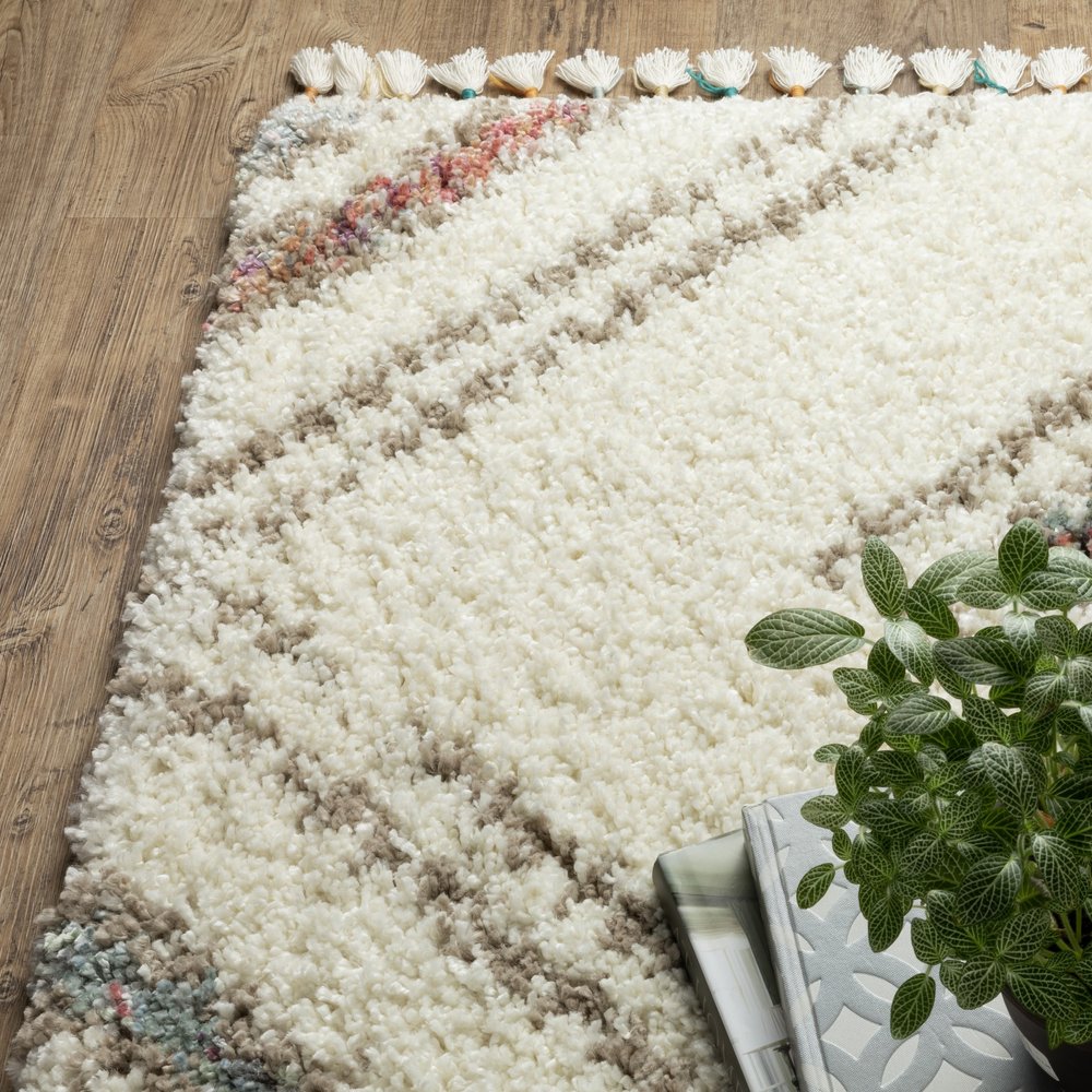 Ivory, Red, and Orange Southwestern Rug with Fringe