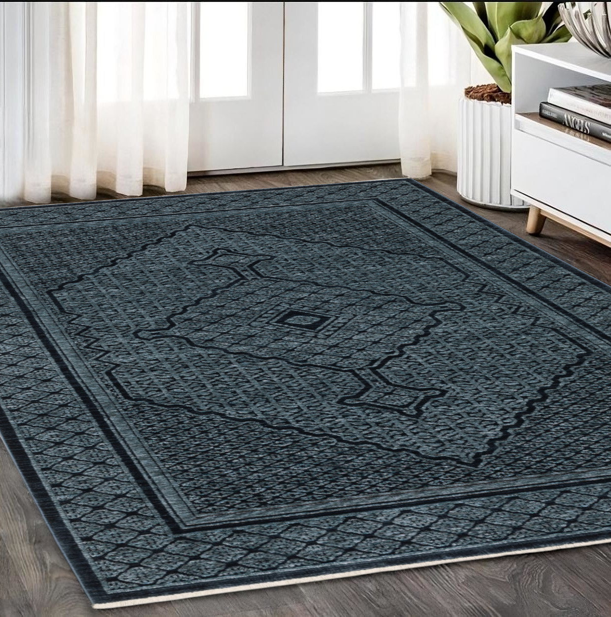 Blue and Teal Medallion Rug with Fringe