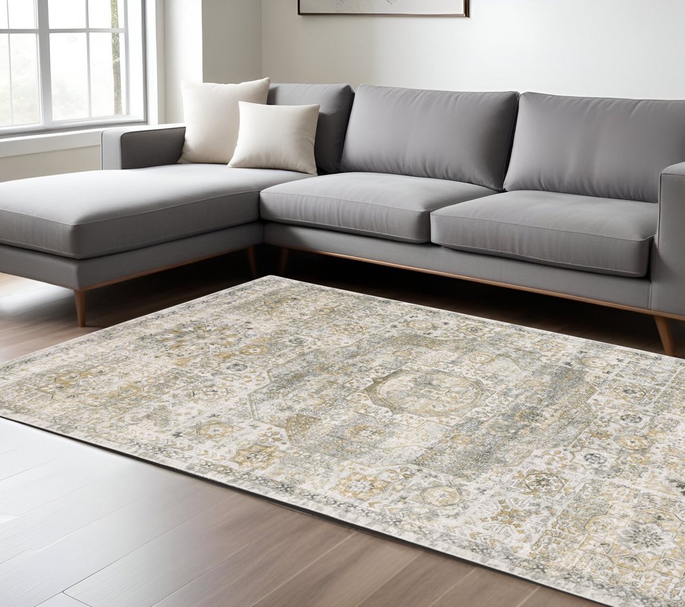 Gray and Gold Medallion Area Rug