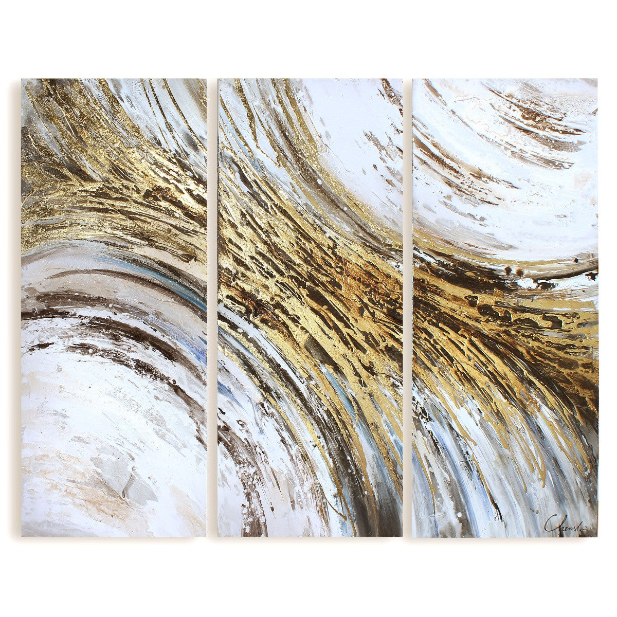 41" x 21" Gold and White "Swirl" 3 Panel Wall Art