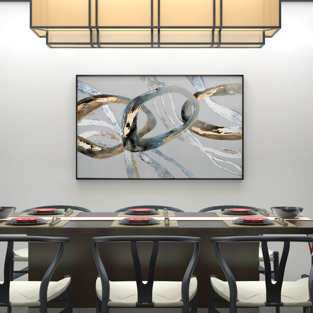 63" x 41" White, Blue and Gray "Chains" Metal Wall Art