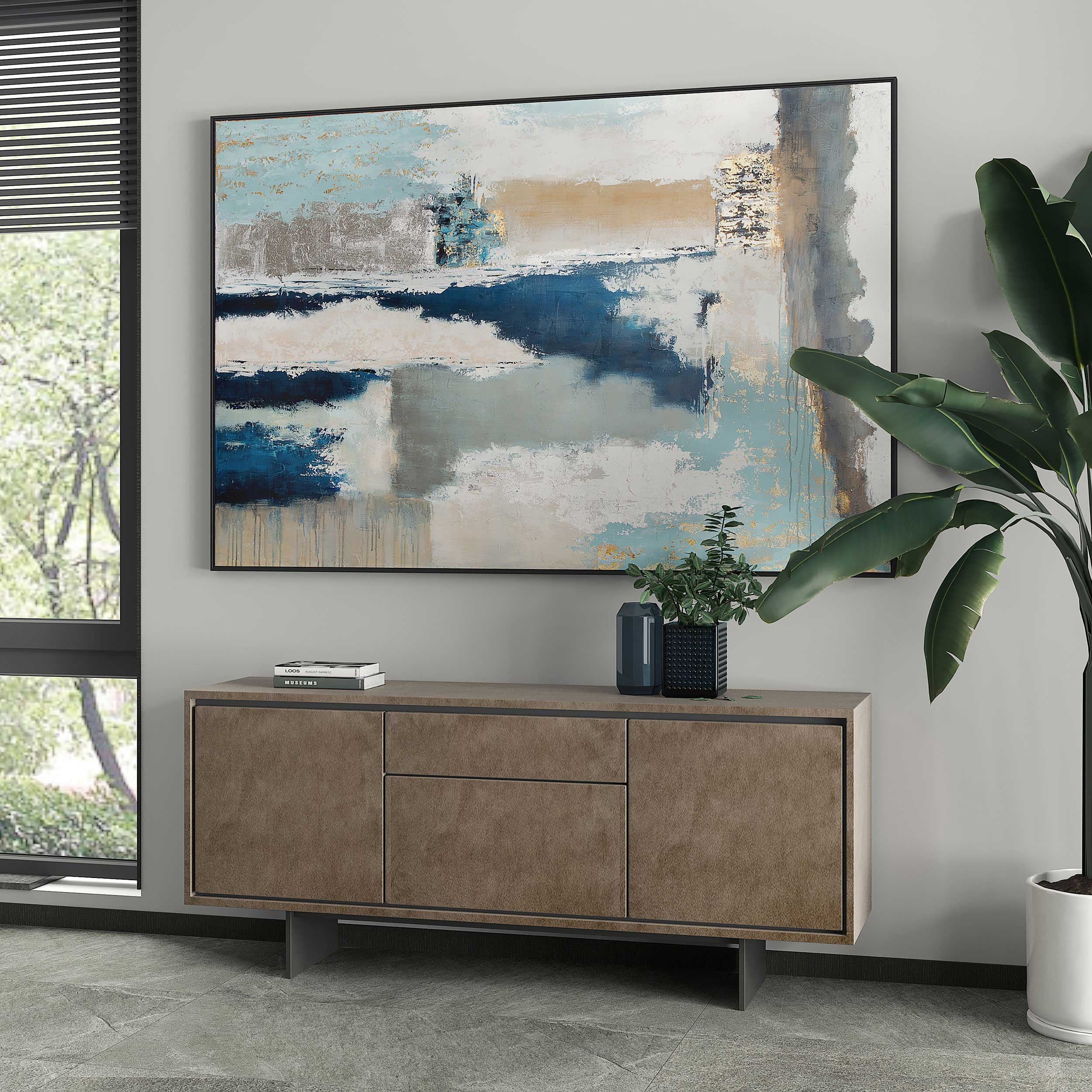 77" x 53" Gray and Blue "Exhilaration" Painting