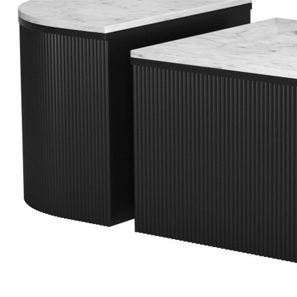 39" Two Piece Black Fluted Wood and Marble Coffee Table