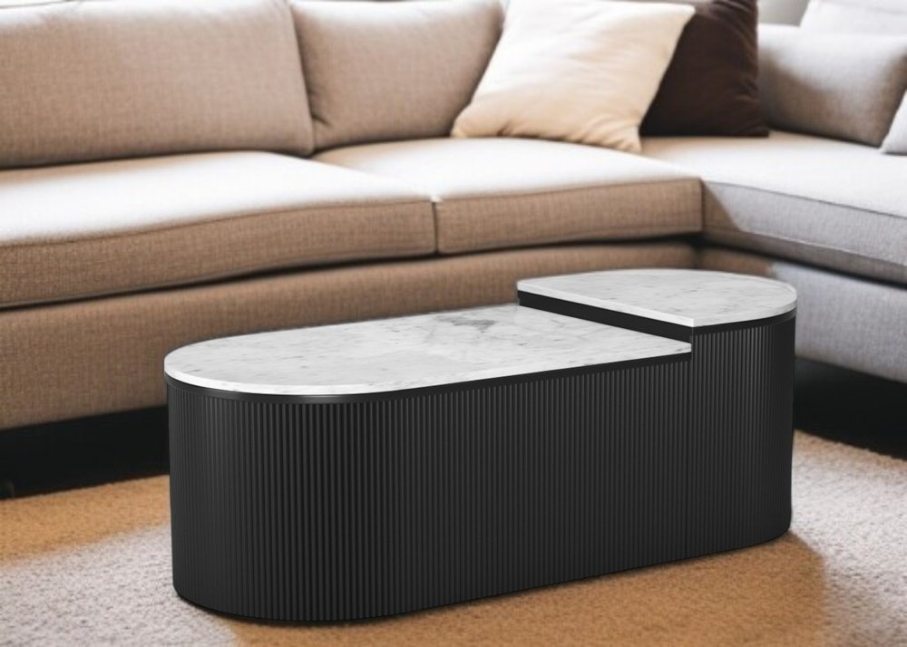 39" Two Piece Black Fluted Wood and Marble Coffee Table