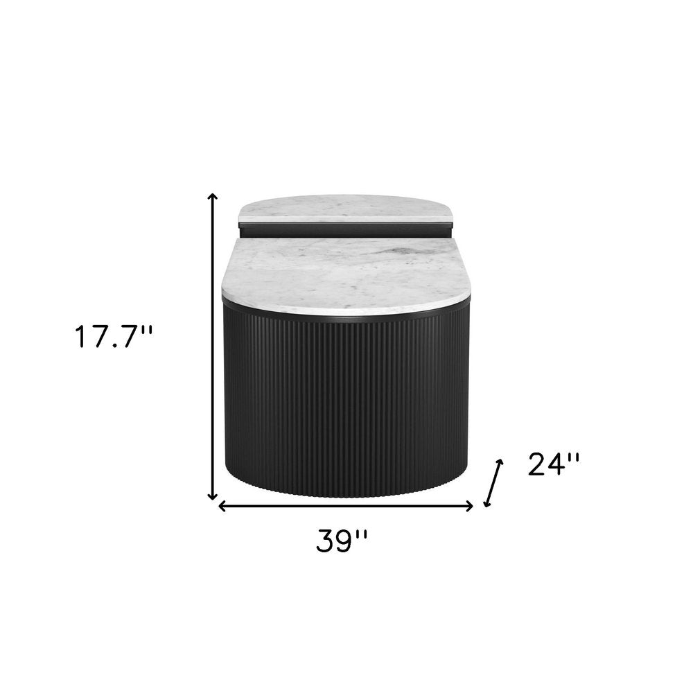 39" Two Piece Black Fluted Wood and Marble Coffee Table