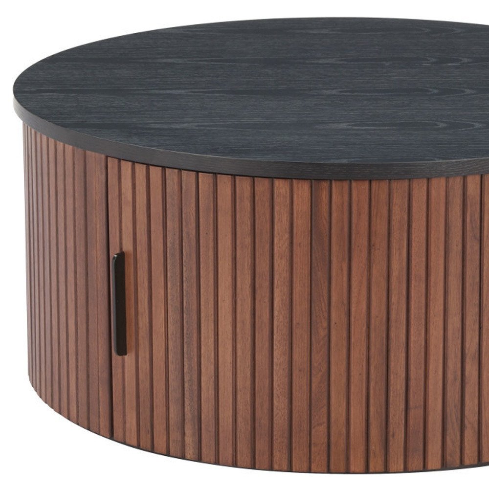 32" Black and Brown Fluted Wood Drum Coffee Table