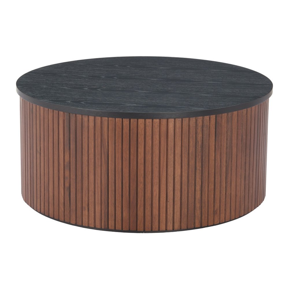 32" Black and Brown Fluted Wood Drum Coffee Table
