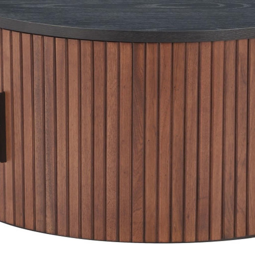 32" Black and Brown Fluted Wood Drum Coffee Table