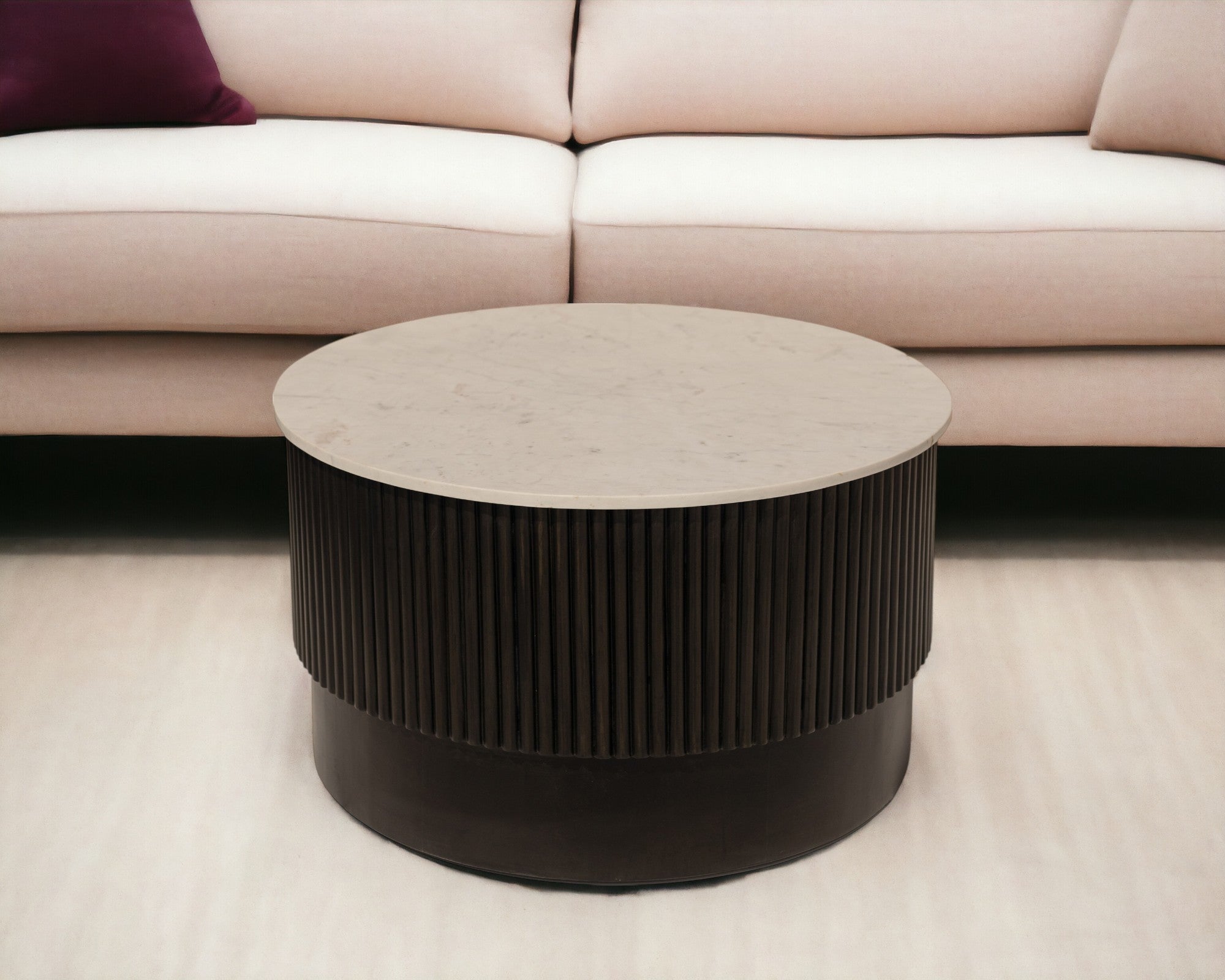31" Brown and White Wood and Marble Round Fluted Coffee Table
