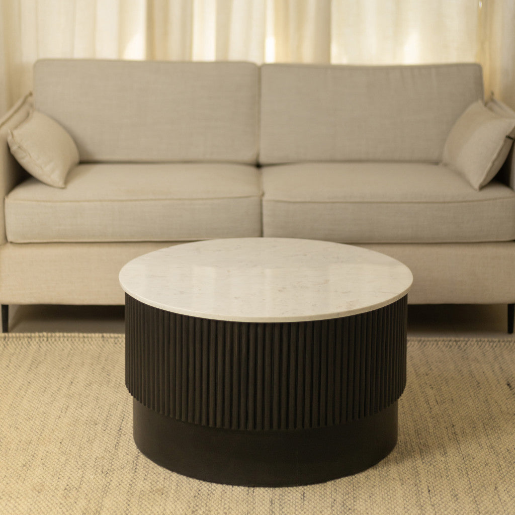 31" Brown and White Wood and Marble Round Fluted Coffee Table