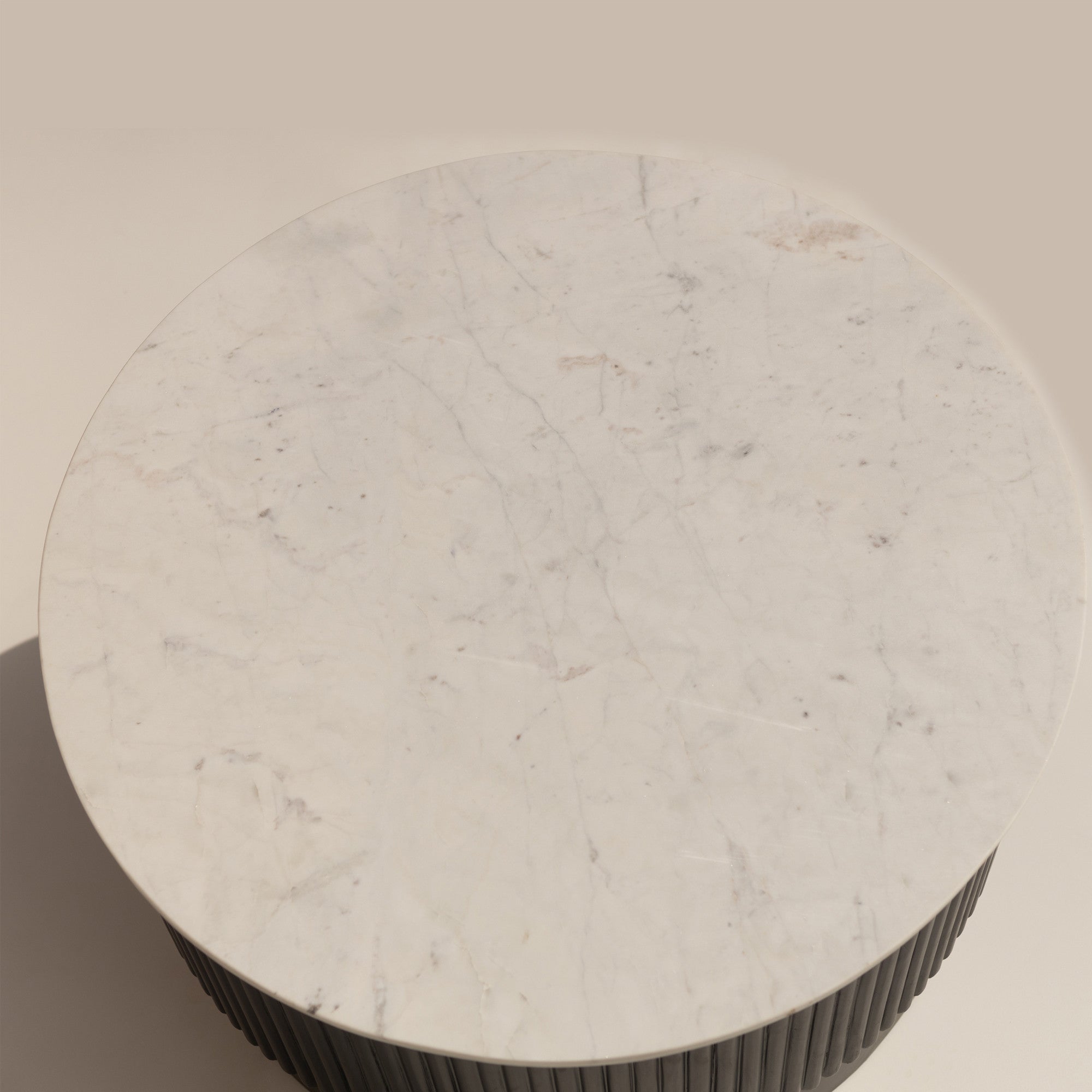 31" Brown and White Wood and Marble Round Fluted Coffee Table