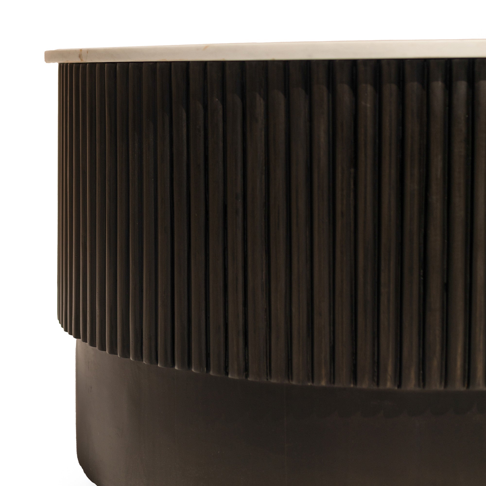 31" Brown and White Wood and Marble Round Fluted Coffee Table