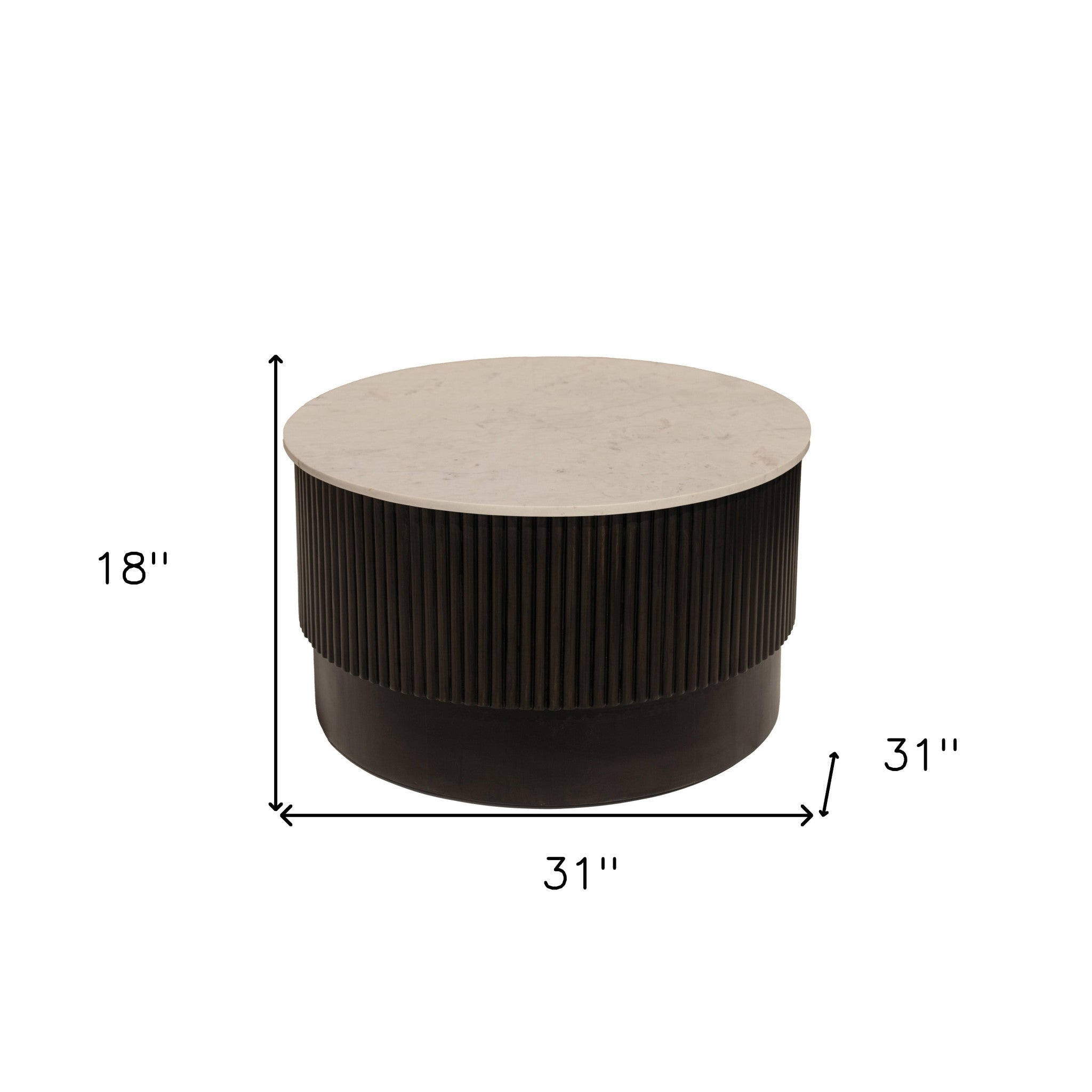 31" Brown and White Wood and Marble Round Fluted Coffee Table