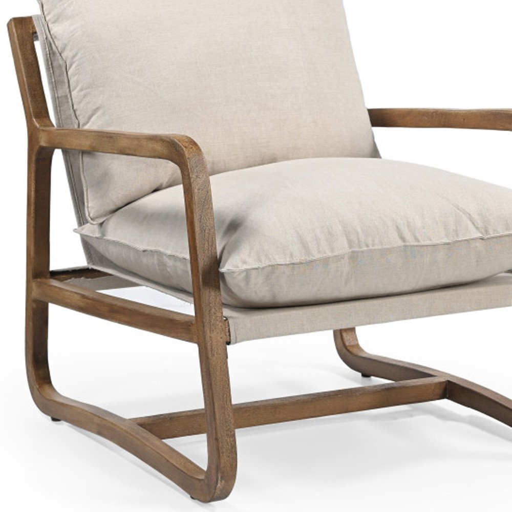30" Beige Linen and Wood Pillow Armchair