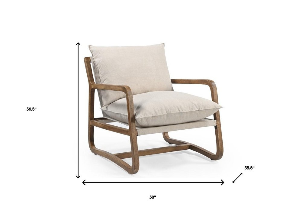 30" Beige Linen and Wood Pillow Armchair