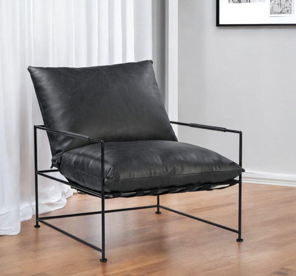 28" Black Distressed Leather Pillow Cushion Armchair