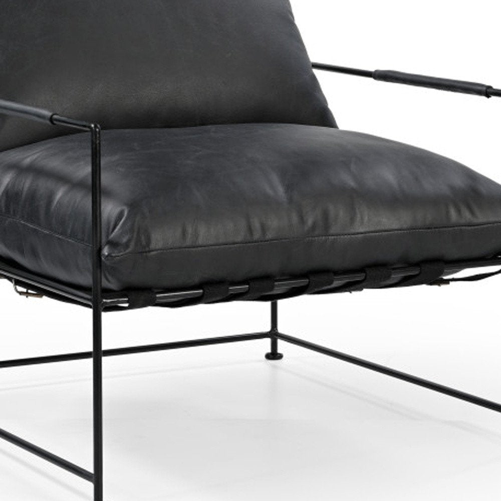 28" Black Distressed Leather Pillow Cushion Armchair