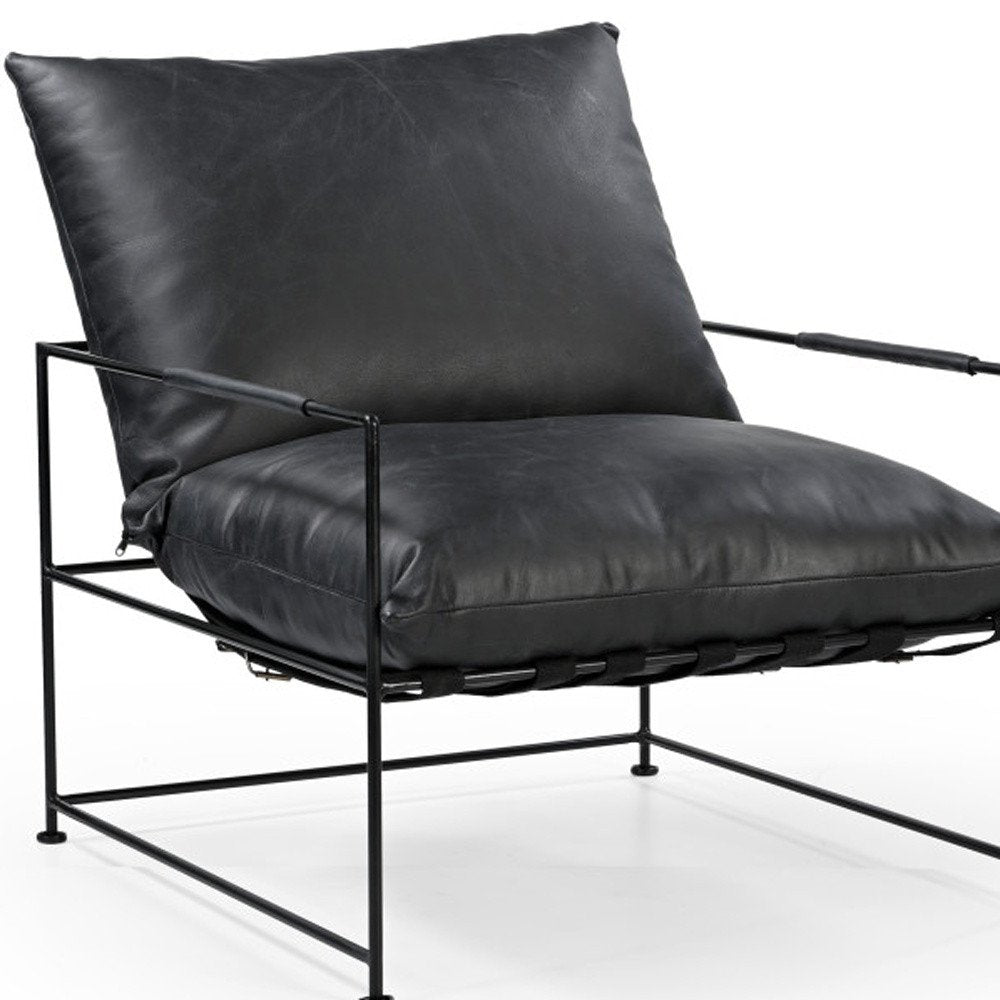 28" Black Distressed Leather Pillow Cushion Armchair