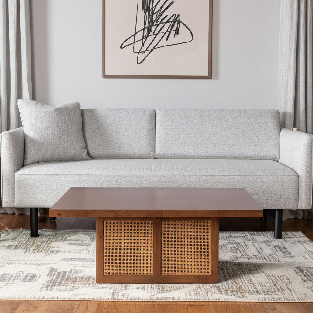 42" Brown Wood and Wicker Square Coffee Table