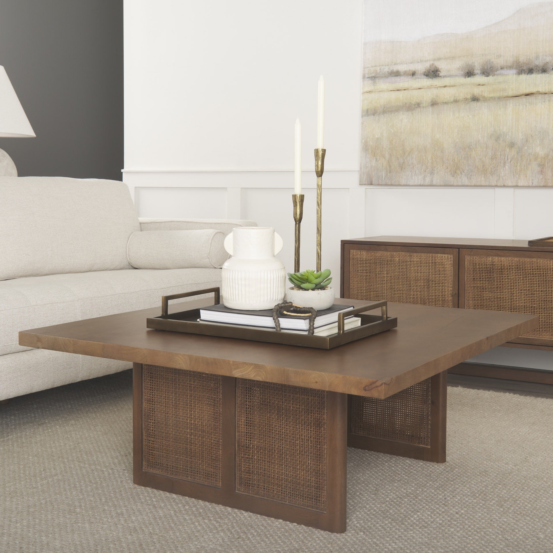 42" Brown Wood and Wicker Square Coffee Table