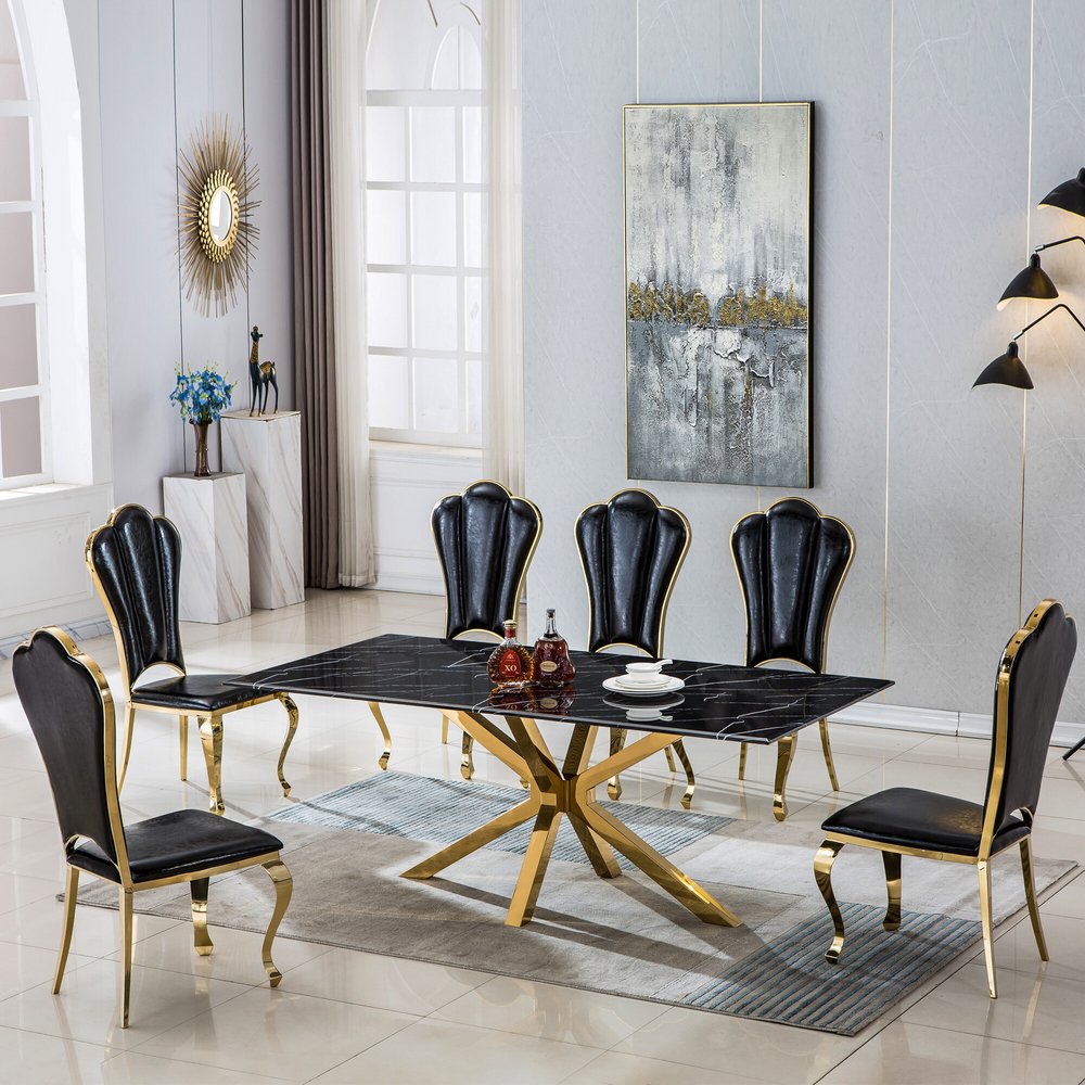 79" Gold and Black Marble Cross Leg Dining Table