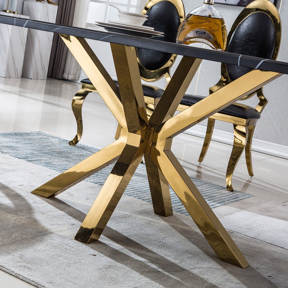 79" Gold and Black Marble Cross Leg Dining Table