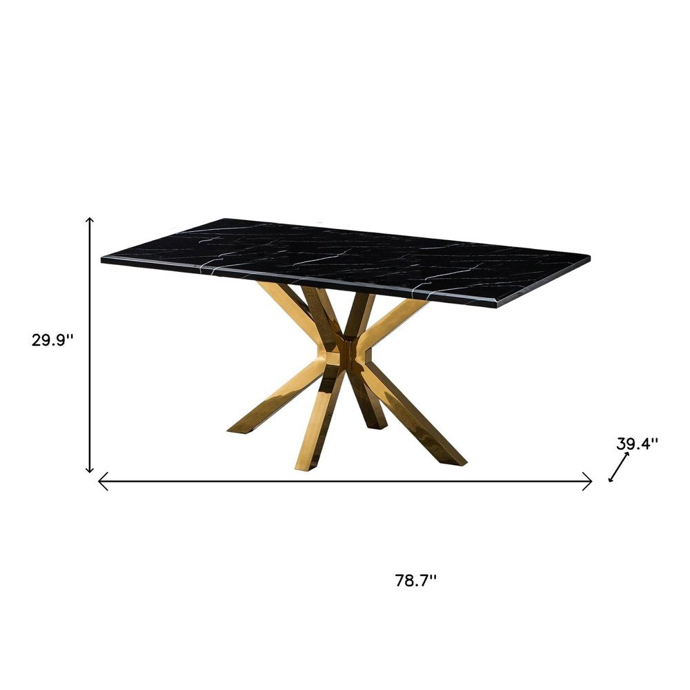 79" Gold and Black Marble Cross Leg Dining Table
