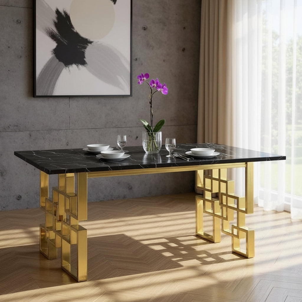 79" Gold and Black Marble Trellis Dining Table