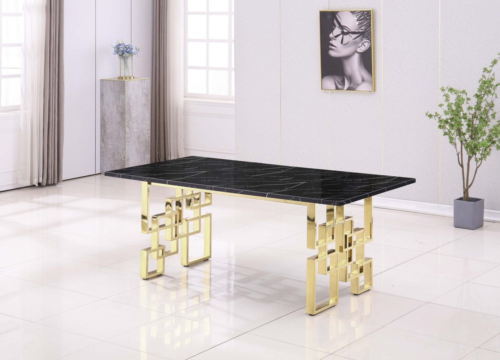 79" Gold and Black Marble Trellis Dining Table