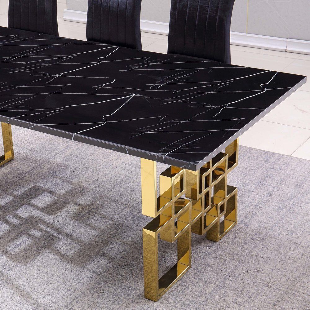 79" Gold and Black Marble Trellis Dining Table
