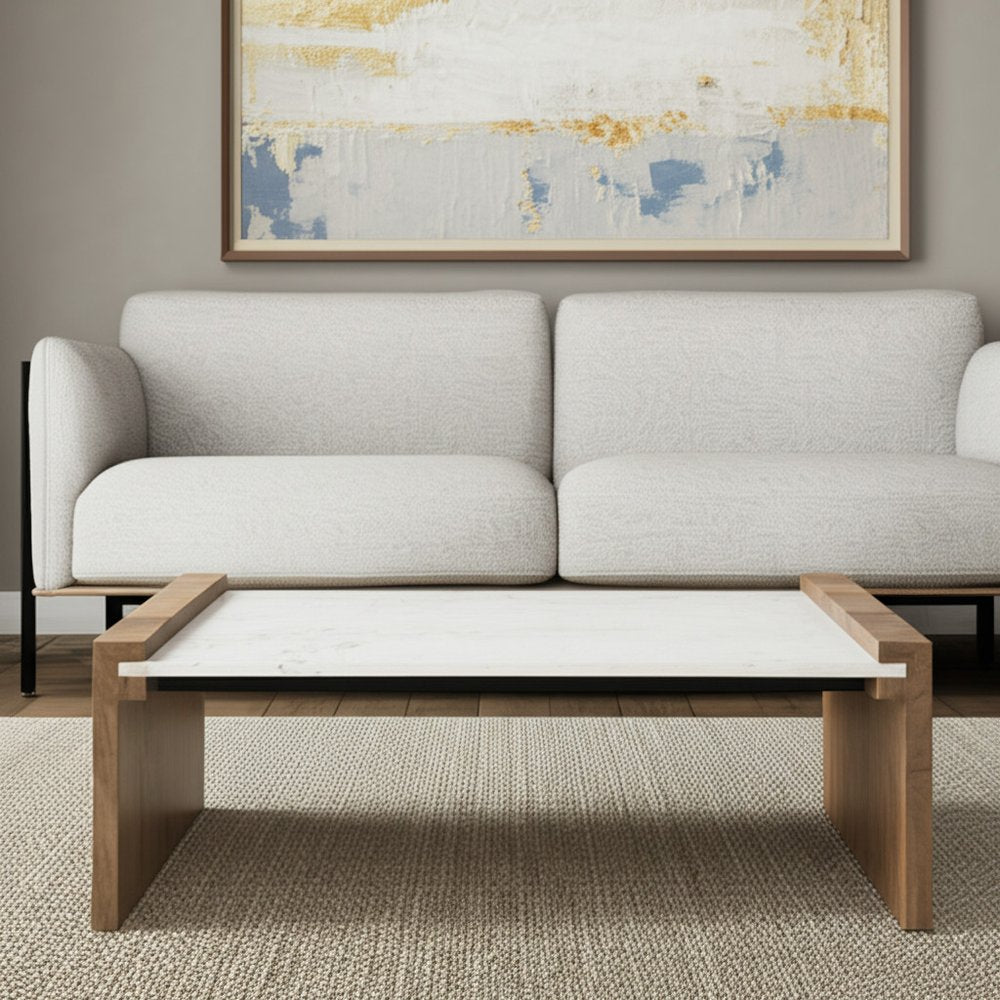 48" Natural and White Wood and Marble Coffee Table