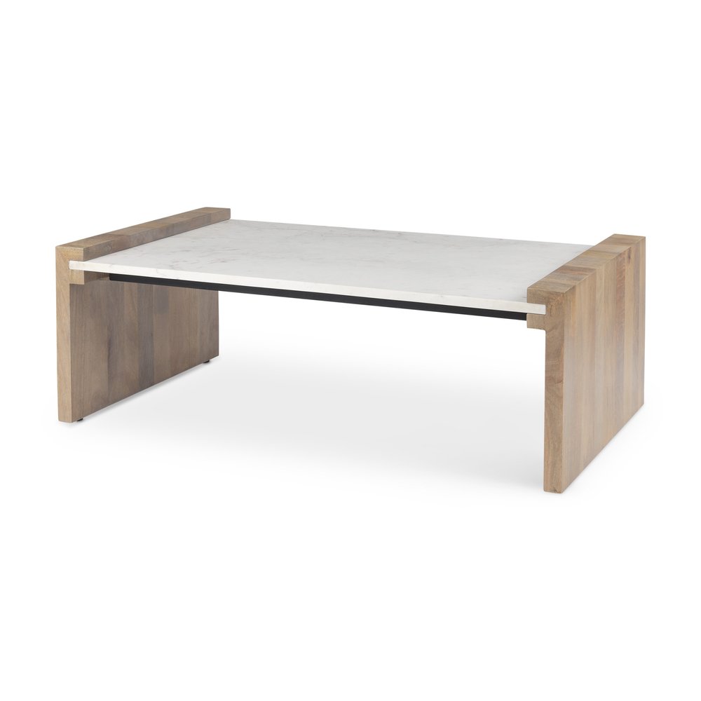 48" Natural and White Wood and Marble Coffee Table